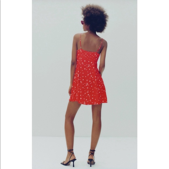 Zara Stars Spaghetti Straps Satin Red Mini Dress New Size M - Picture 2 of 11